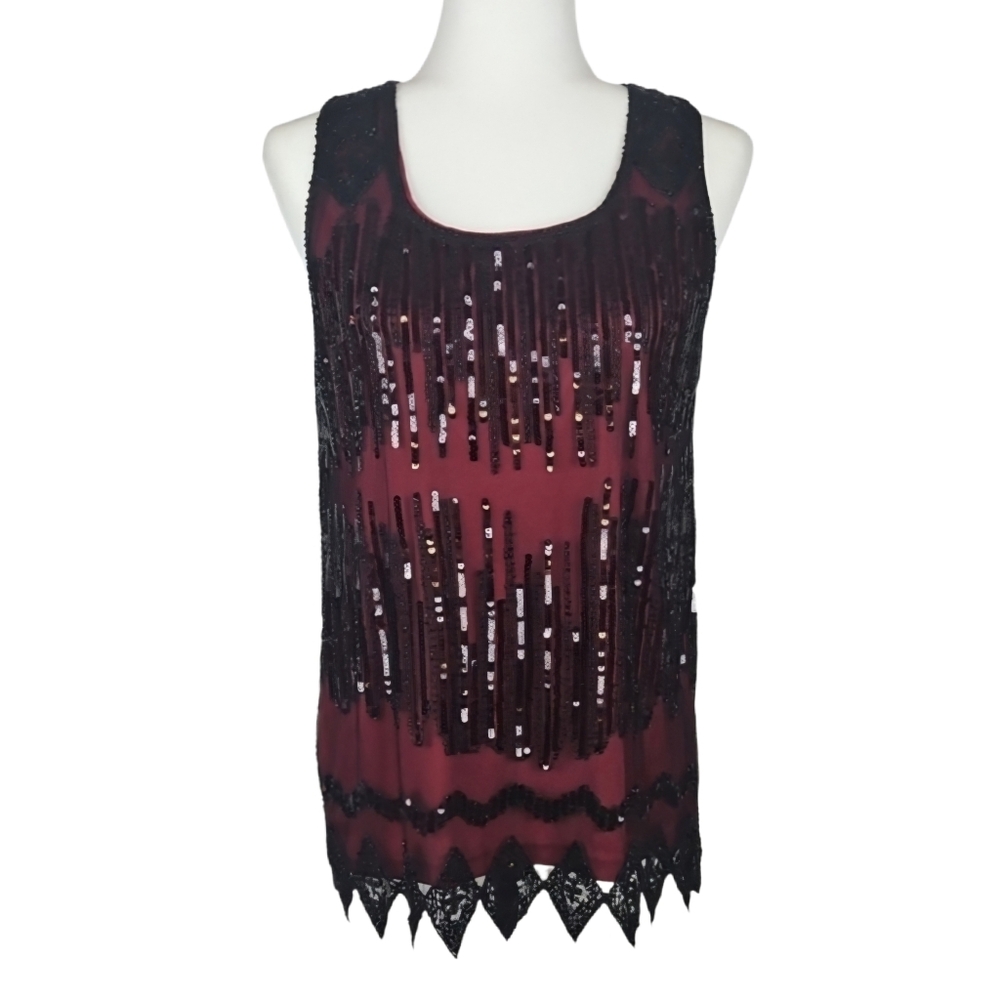 Sequin Party Tank Top Black Sparkle & Dark Red Lining, Size M